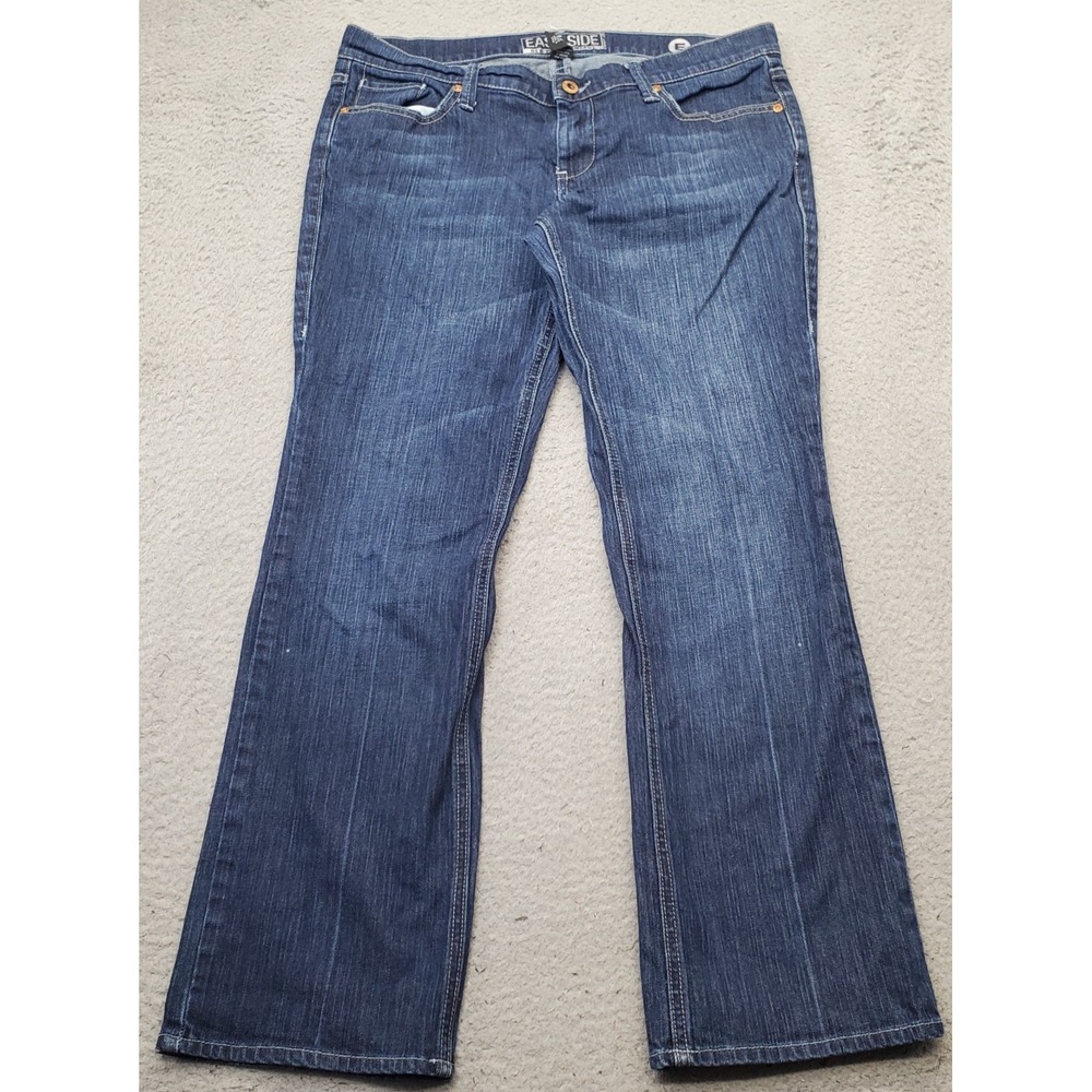 New York & Company Straight Jeans Womens 14 Petite Blue‎ Denim Stretch Whiskered